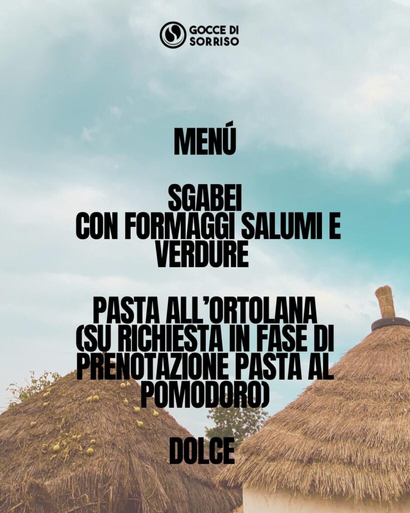 Menu page with bold Italian dishes listed over a sunny thatched-roof village backdrop; logo Gocce di Sorriso at top.